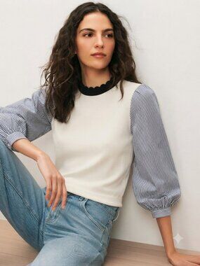 Veronica Beard Stripe Mock Neck Blouse top XS 0 2 Black White Preppy Old Money